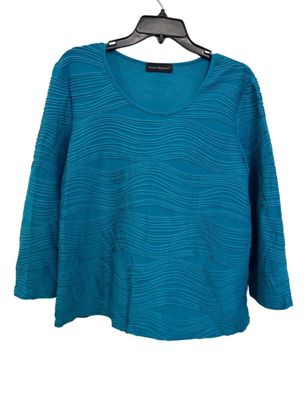 Travel Elements Teal Textured 3/4 Sleeve Top L Polyester Spandex USA